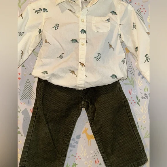 Like New Janie and Jack 2 Piece Boys Dinosaur Button Down w Green Corduroy Pants - Picture 14 of 14
